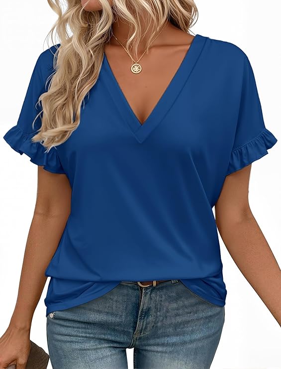 Women's Short Ruffle Sleeve V-Neck T Shirts